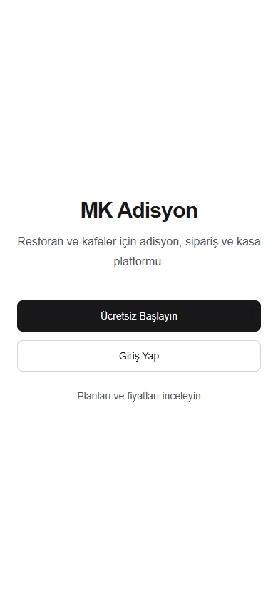 Kapalı testteki MK Adisyon mobil uygulamasının karşılama ekranı