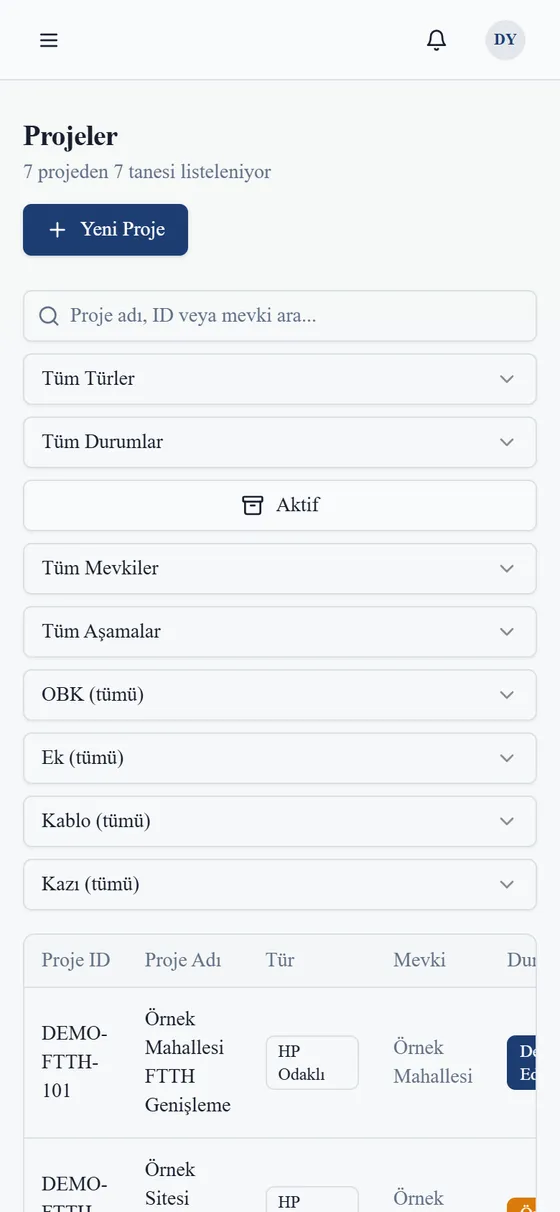 Şantiye Yönetim mobil projeler ekranı; örnek verilerle