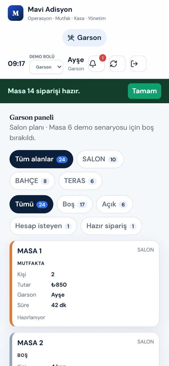 MK Adisyon responsive web garson ekranı, örnek masa verileriyle