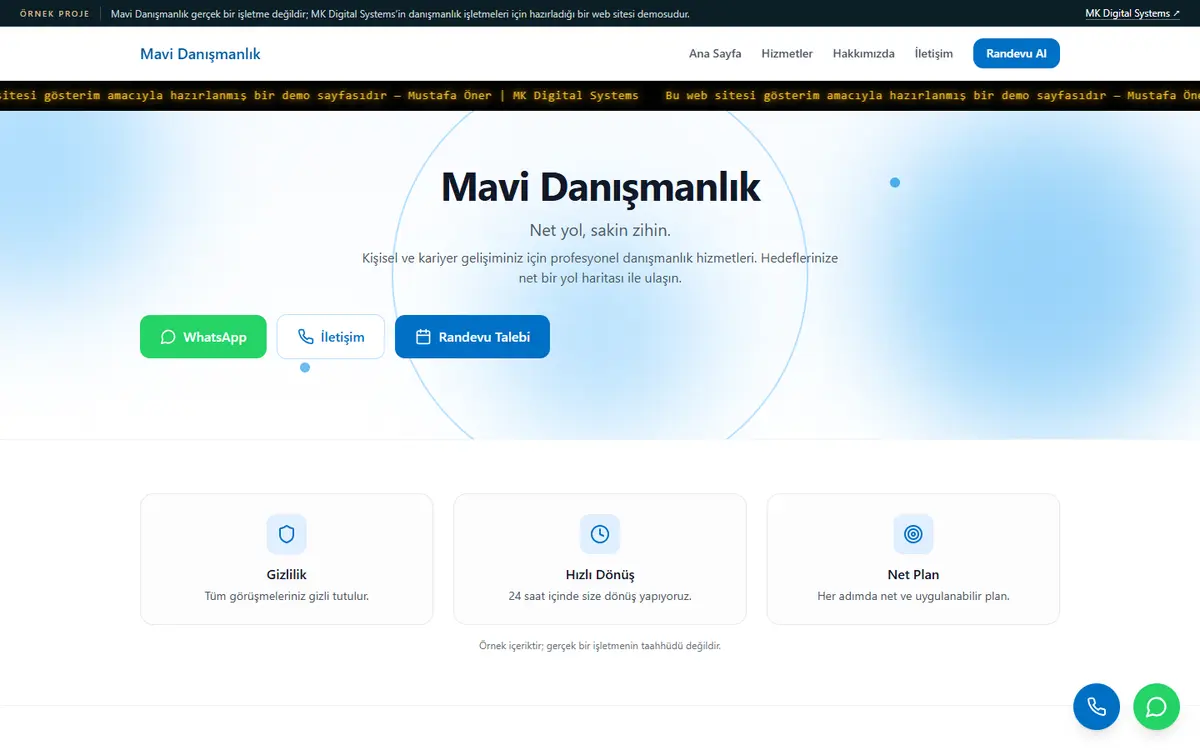 Mavi Danışmanlık örnek web sitesinin açılış ekranı
