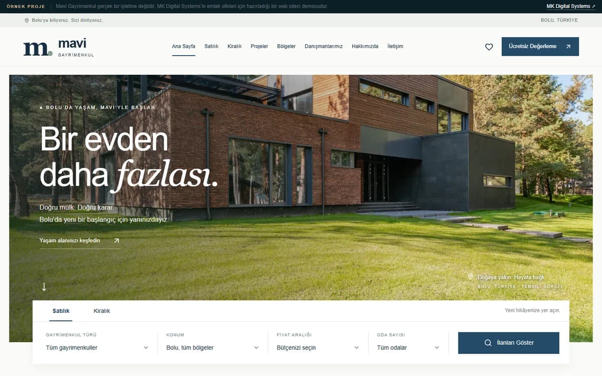 Mavi Gayrimenkul örnek web sitesinin açılış ekranı: ilan arama kutusu
