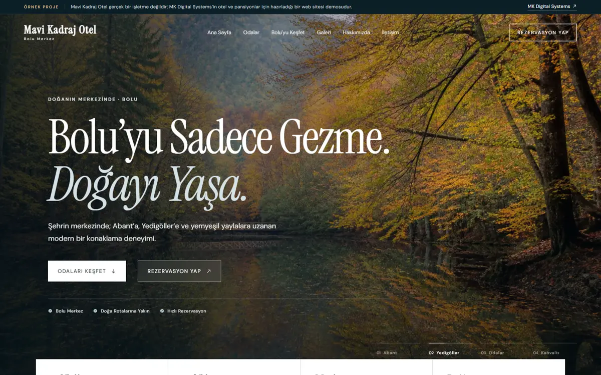 Mavi Kadraj Otel örnek web sitesinin açılış ekranı