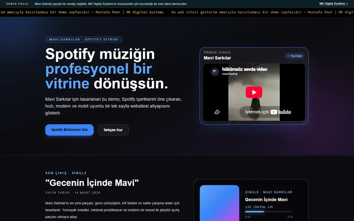 Mavi Şarkılar sanatçı sitesinin açılış ekranı