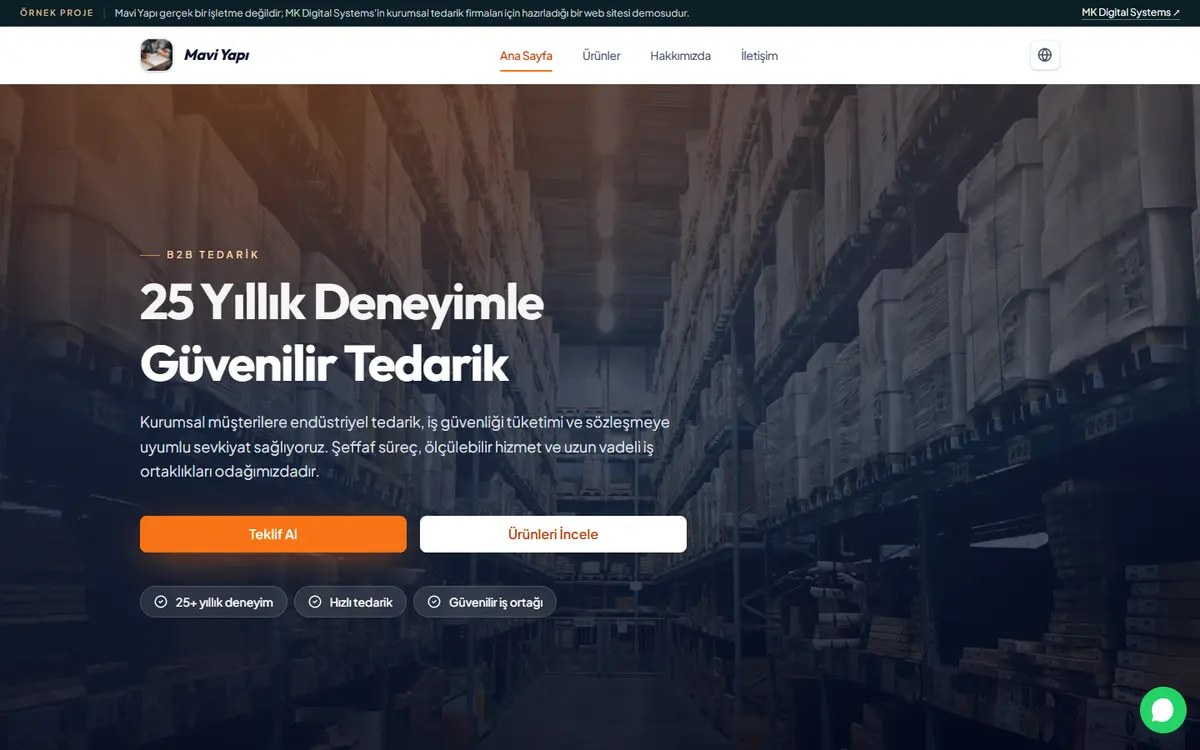 Mavi Yapı örnek web sitesinin açılış ekranı